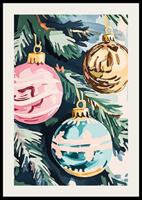 En poster med färgglada julgranskulor i rosa, guld och turkos-2