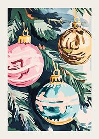 En poster med färgglada julgranskulor i rosa, guld och turkos-3
