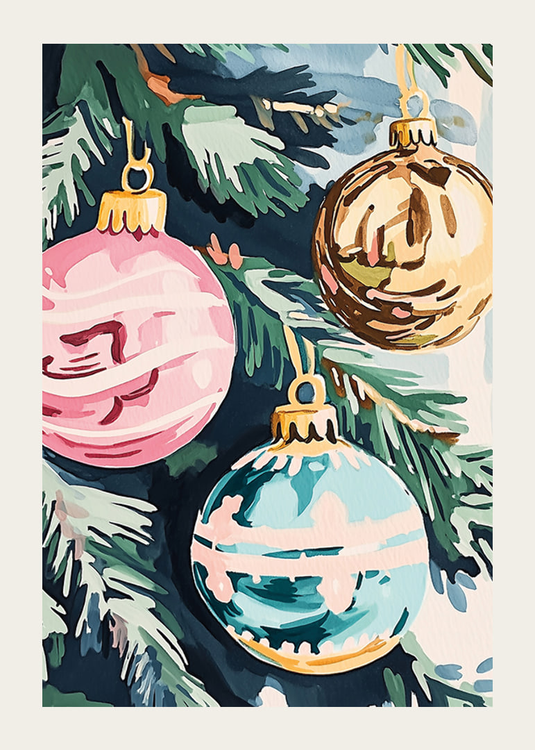 En poster med färgglada julgranskulor i rosa, guld och turkos-12