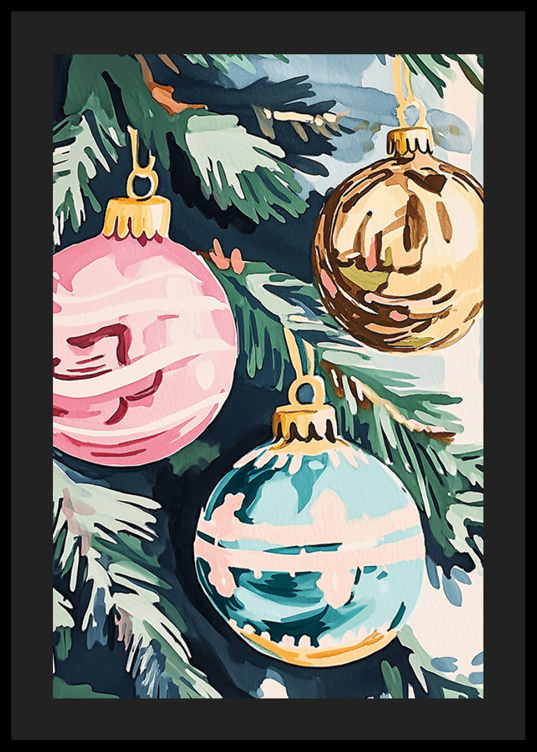 En poster med färgglada julgranskulor i rosa, guld och turkos-12