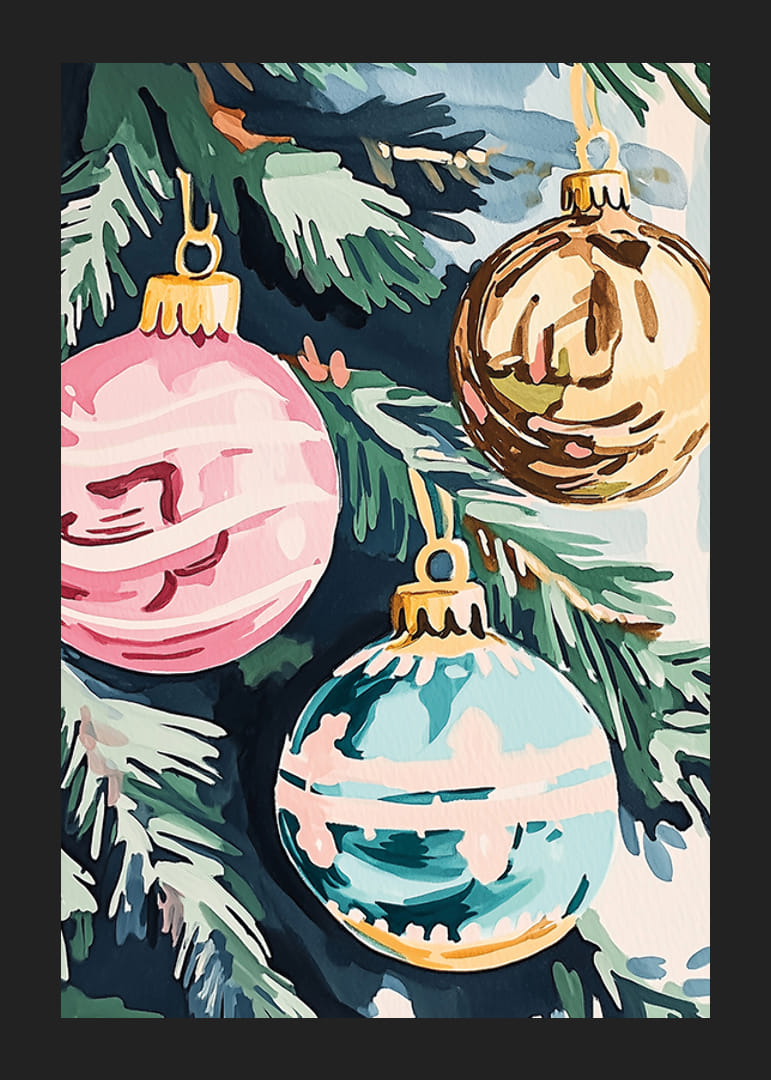 A poster with colorful Christmas baubles in pink, gold and turquoise-12