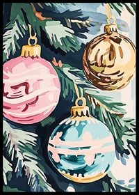 En poster med färgglada julgranskulor i rosa, guld och turkos-6
