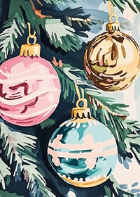 En poster med färgglada julgranskulor i rosa, guld och turkos-7