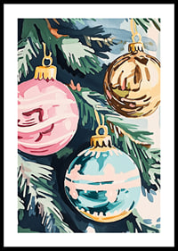 En poster med färgglada julgranskulor i rosa, guld och turkos-0