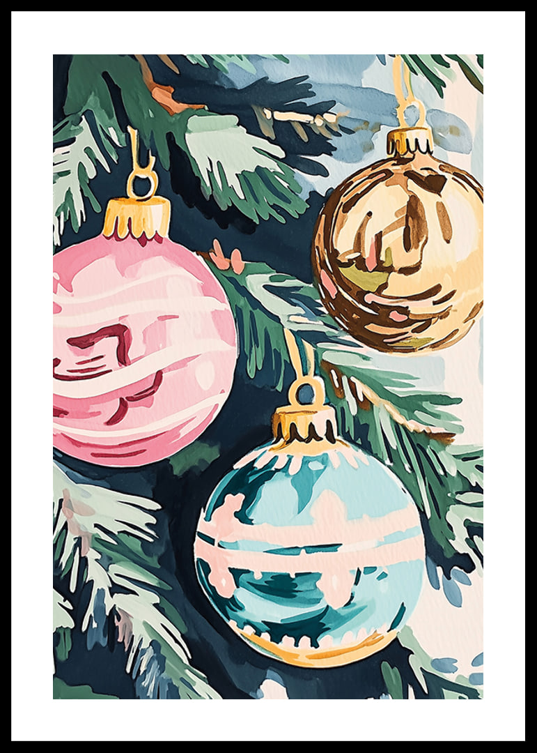En poster med färgglada julgranskulor i rosa, guld och turkos-12