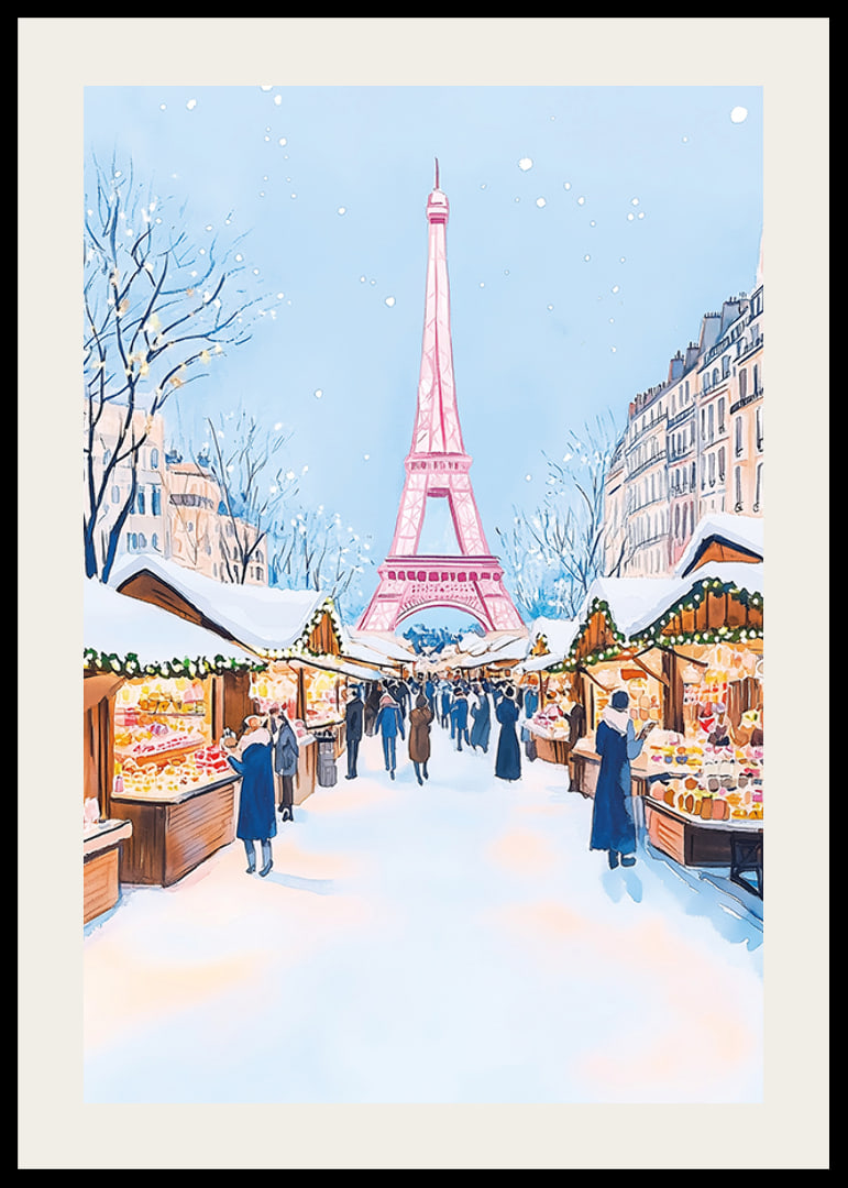 A poster of a snowy Christmas market in Paris with the Eiffel Tower-12