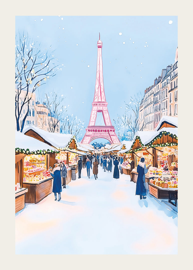A poster of a snowy Christmas market in Paris with the Eiffel Tower-12