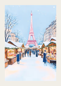 Un cartel de un mercado navideño nevado en París con la Torre Eiffel.-3