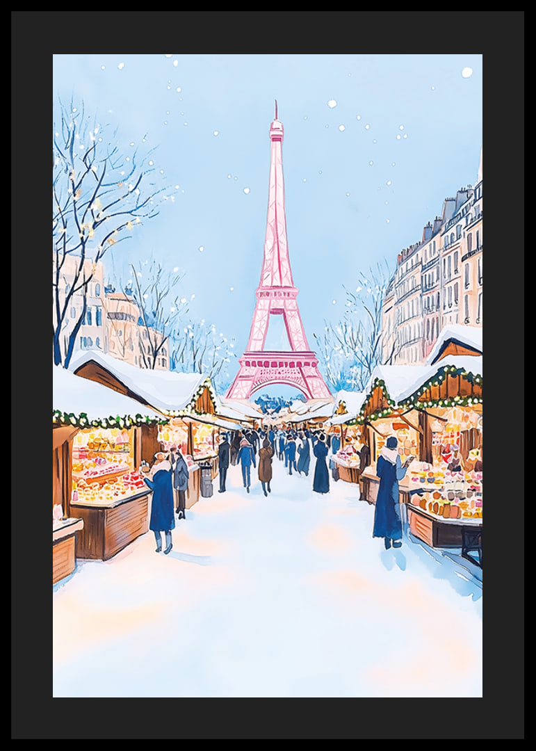 A poster of a snowy Christmas market in Paris with the Eiffel Tower-12