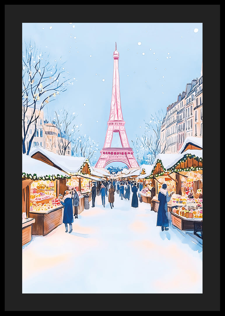 Un cartel de un mercado navideño nevado en París con la Torre Eiffel.-12