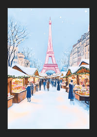 Un cartel de un mercado navideño nevado en París con la Torre Eiffel.-5
