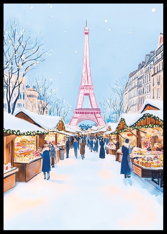 A poster of a snowy Christmas market in Paris with the Eiffel Tower-12