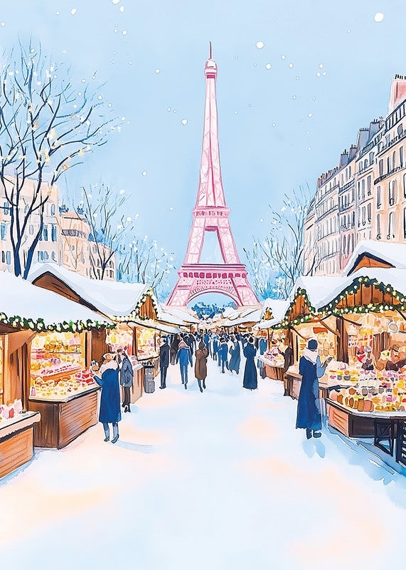 A poster of a snowy Christmas market in Paris with the Eiffel Tower-12