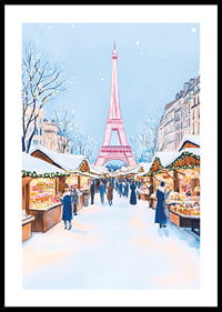 A poster of a snowy Christmas market in Paris with the Eiffel Tower-0