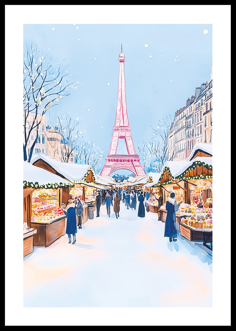 A poster of a snowy Christmas market in Paris with the Eiffel Tower-12