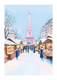 Un afiș al unui târg de Crăciun înzăpezit din Paris, cu Turnul Eiffel-1