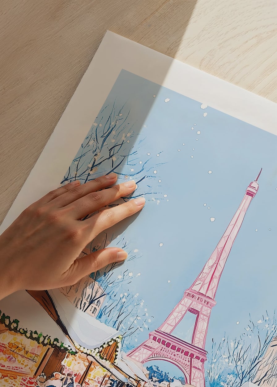 A poster of a snowy Christmas market in Paris with the Eiffel Tower-12