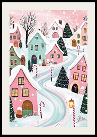A poster of a colorful winter village with snow-covered houses and Christmas decorations in pastel tones-2