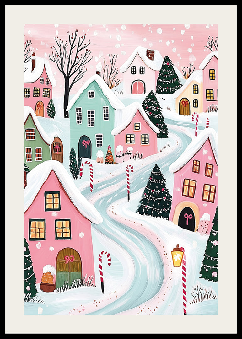 A poster of a colorful winter village with snow-covered houses and Christmas decorations in pastel tones-12