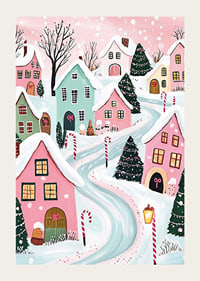 A poster of a colorful winter village with snow-covered houses and Christmas decorations in pastel tones-3