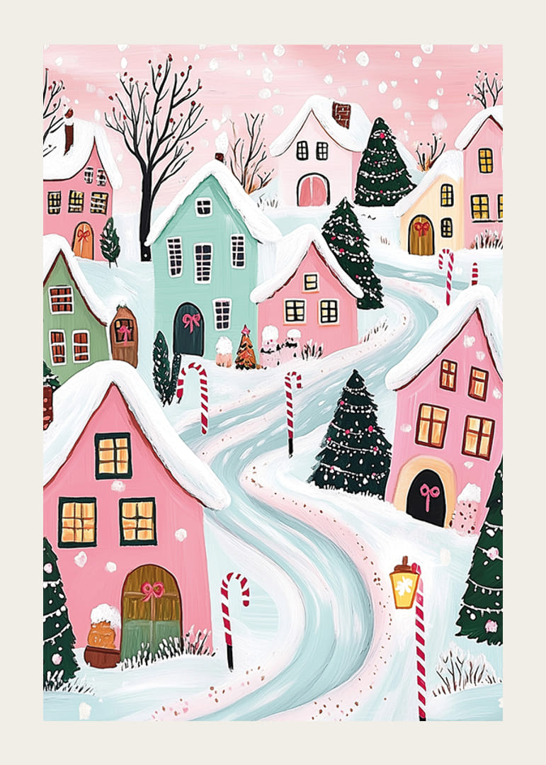 A poster of a colorful winter village with snow-covered houses and Christmas decorations in pastel tones-12
