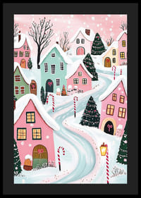 A poster of a colorful winter village with snow-covered houses and Christmas decorations in pastel tones-4