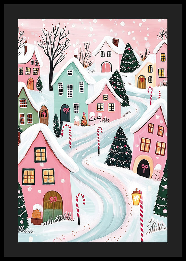 A poster of a colorful winter village with snow-covered houses and Christmas decorations in pastel tones-12
