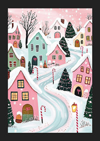 A poster of a colorful winter village with snow-covered houses and Christmas decorations in pastel tones-5