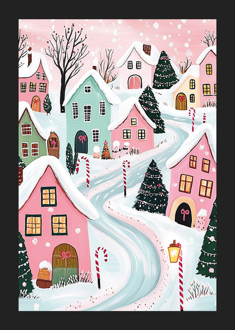 A poster of a colorful winter village with snow-covered houses and Christmas decorations in pastel tones-12