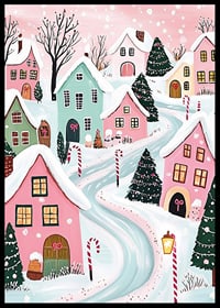 A poster of a colorful winter village with snow-covered houses and Christmas decorations in pastel tones-6
