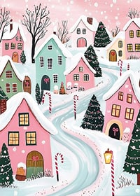 A poster of a colorful winter village with snow-covered houses and Christmas decorations in pastel tones-7