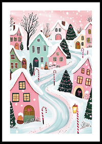 A poster of a colorful winter village with snow-covered houses and Christmas decorations in pastel tones-0