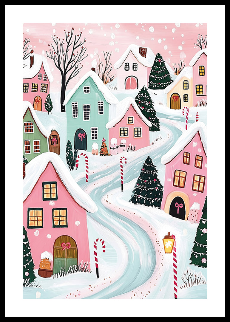 A poster of a colorful winter village with snow-covered houses and Christmas decorations in pastel tones-12