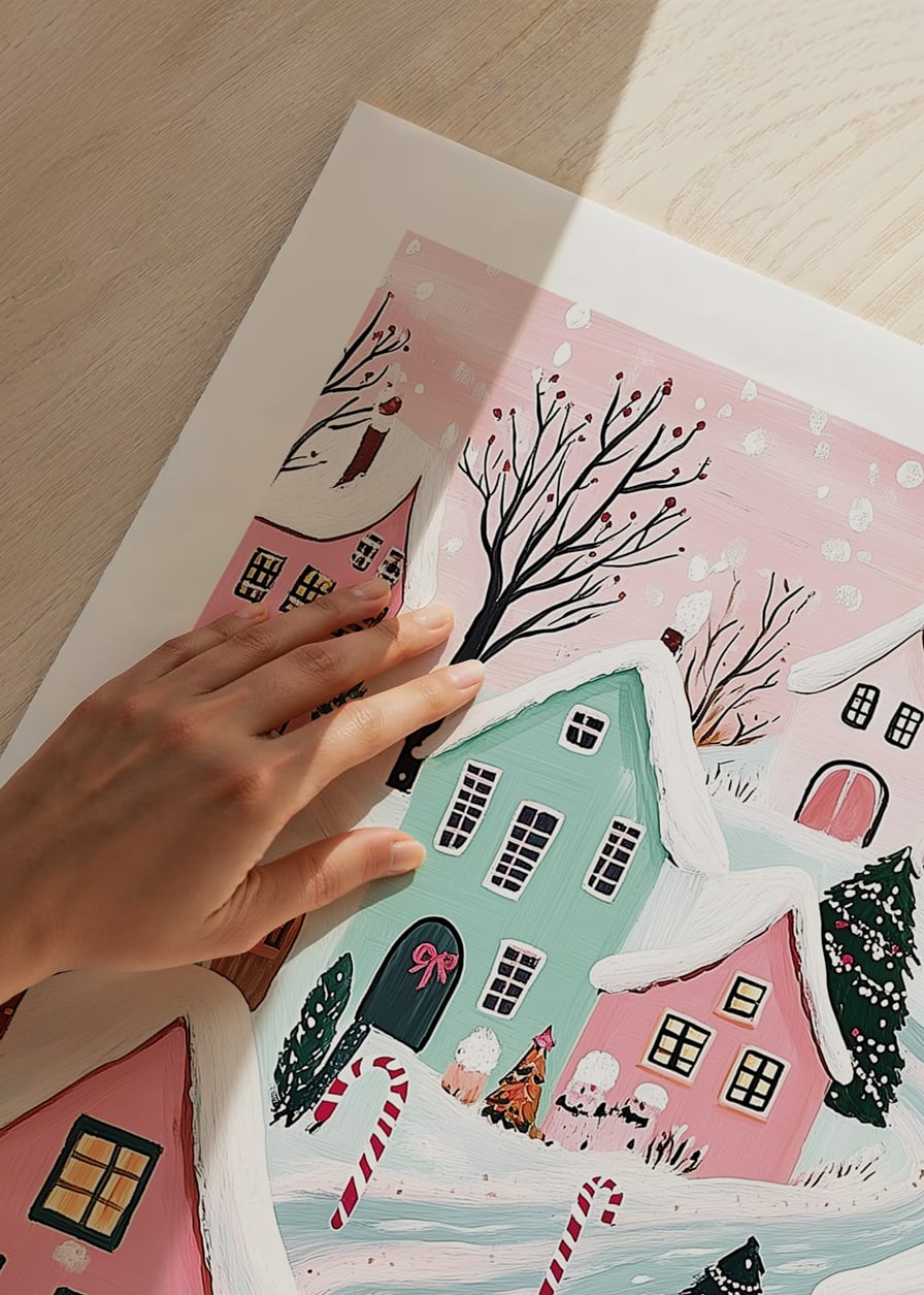 A poster of a colorful winter village with snow-covered houses and Christmas decorations in pastel tones-12