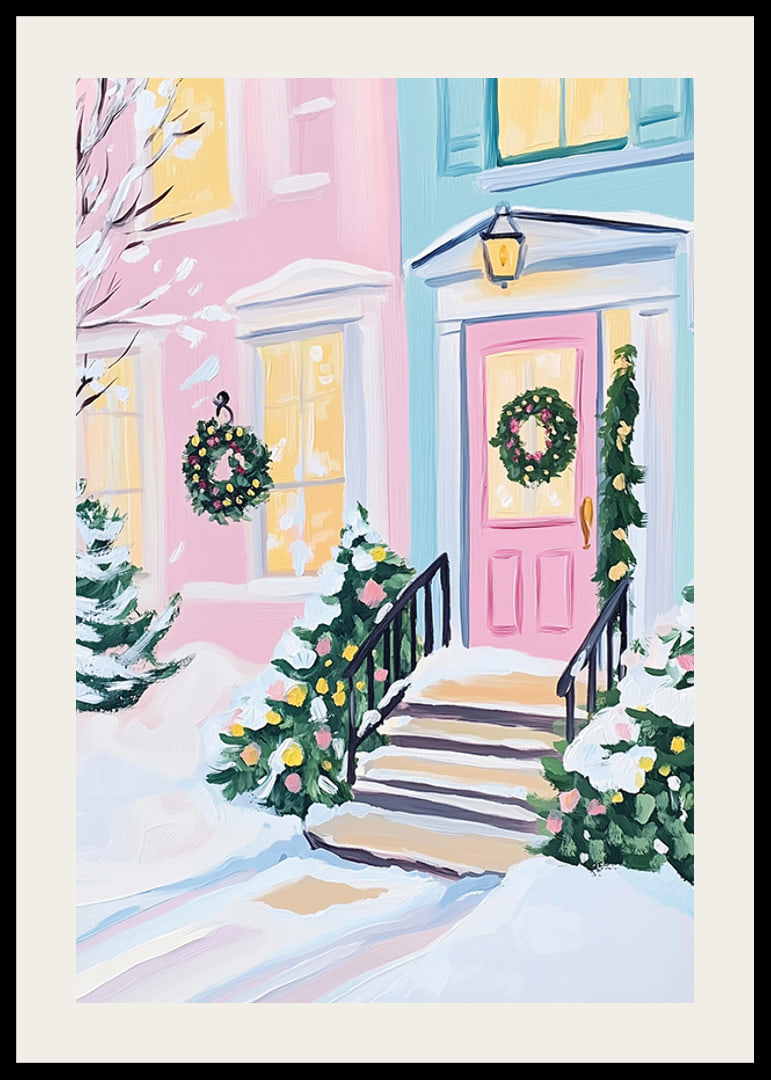 En poster av en pastellfärgad ytterdörr dekorerad med julkransar och snötäckta buskar-12