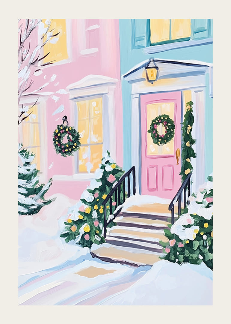 A poster of a pastel colored front door decorated with Christmas wreaths and snow-covered bushes-12