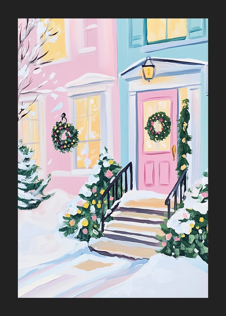 En poster av en pastellfärgad ytterdörr dekorerad med julkransar och snötäckta buskar-12