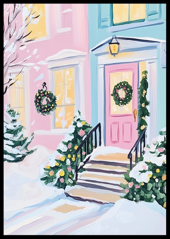 En poster av en pastellfärgad ytterdörr dekorerad med julkransar och snötäckta buskar-12