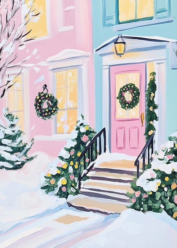En poster av en pastellfärgad ytterdörr dekorerad med julkransar och snötäckta buskar-12