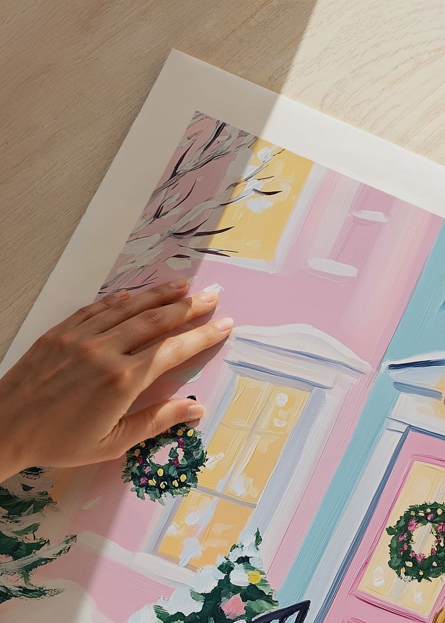 Un poster cu o ușă de intrare în culori pastelate, decorată cu coroane de Crăciun și tufișuri acoperite de zăpadă-12