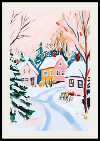 A poster of a snow-covered winter village with pastel-colored houses and frosty trees-2