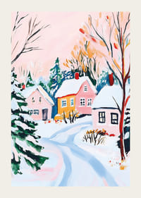 A poster of a snow-covered winter village with pastel-colored houses and frosty trees-3