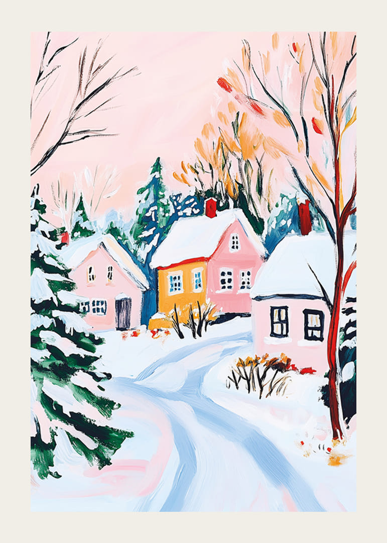 A poster of a snow-covered winter village with pastel-colored houses and frosty trees-12