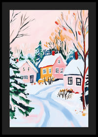 A poster of a snow-covered winter village with pastel-colored houses and frosty trees-4