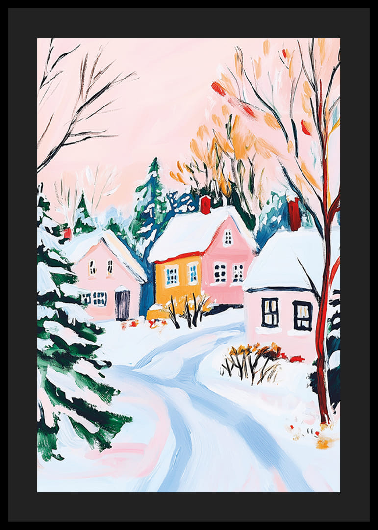 A poster of a snow-covered winter village with pastel-colored houses and frosty trees-12