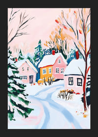 A poster of a snow-covered winter village with pastel-colored houses and frosty trees-5