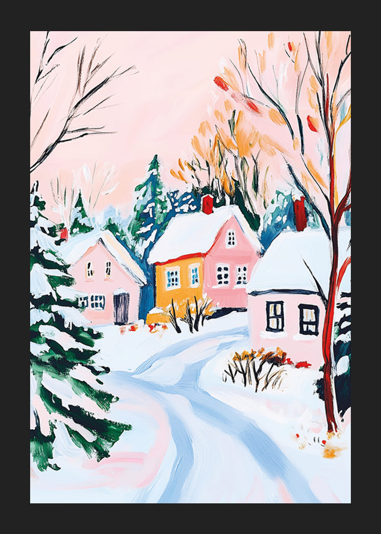 A poster of a snow-covered winter village with pastel-colored houses and frosty trees-12