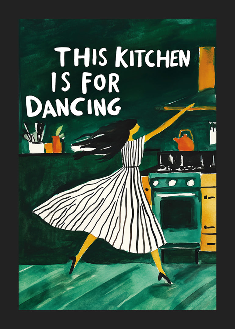 A poster of a dancing woman in the kitchen-12