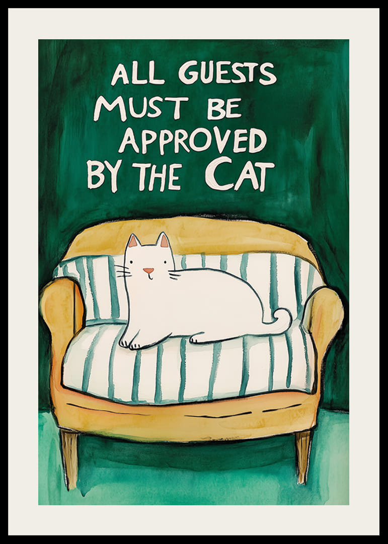 En poster av en vit katt på en gul soffa-12