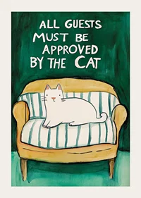 A poster of a white cat on a yellow sofa-3